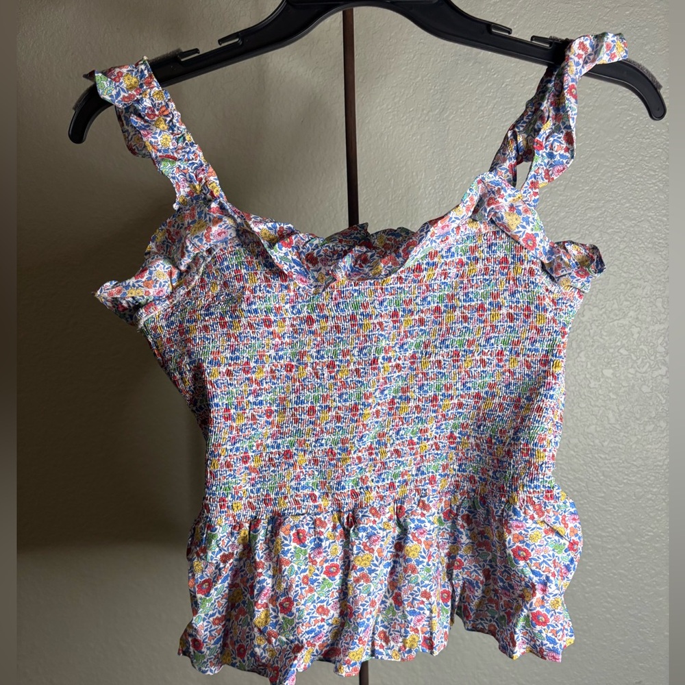 J. Crew x Liberty of London smocked peplum ruffle tank M